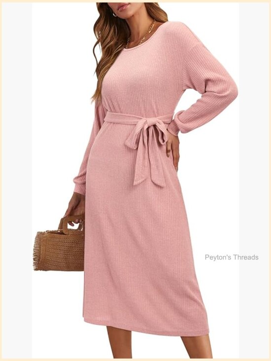 Dresses & Skirts - Lightweight Ribbed Knitted Midi Dress with Belt